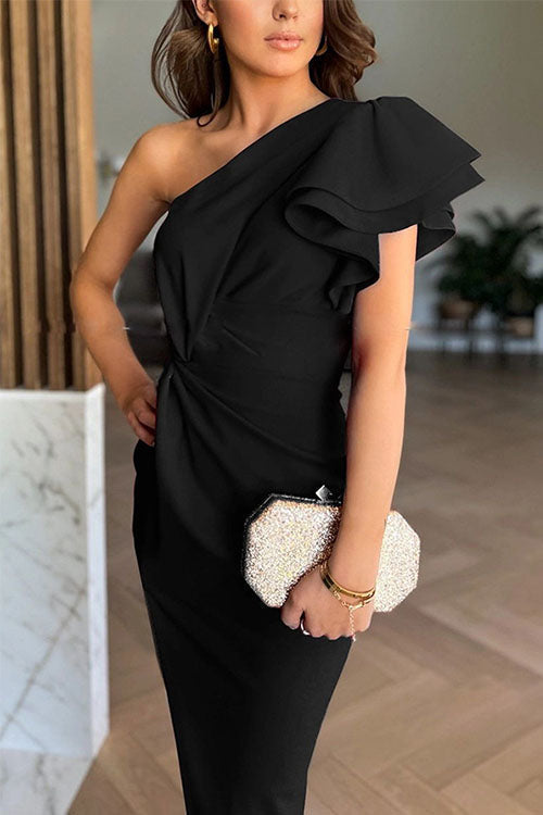 Caz - Off-Shoulder Rüschensleeve Schlitz Midi Kleid