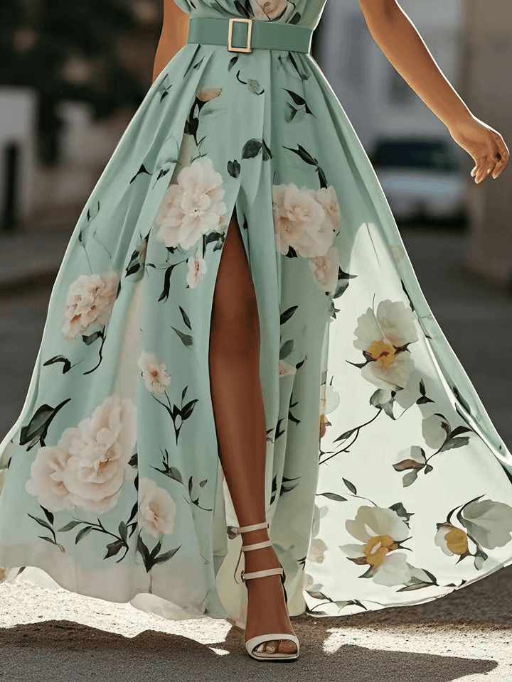 Sella - Robe maxi en mousseline de soie coupe trapèze à volants et une épaule