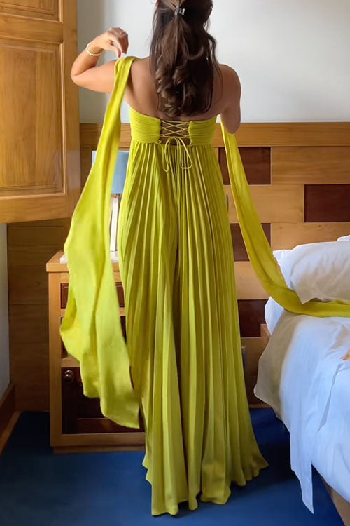Katrina – Robe longue à épaules dénudées, lacets et jupe plissée