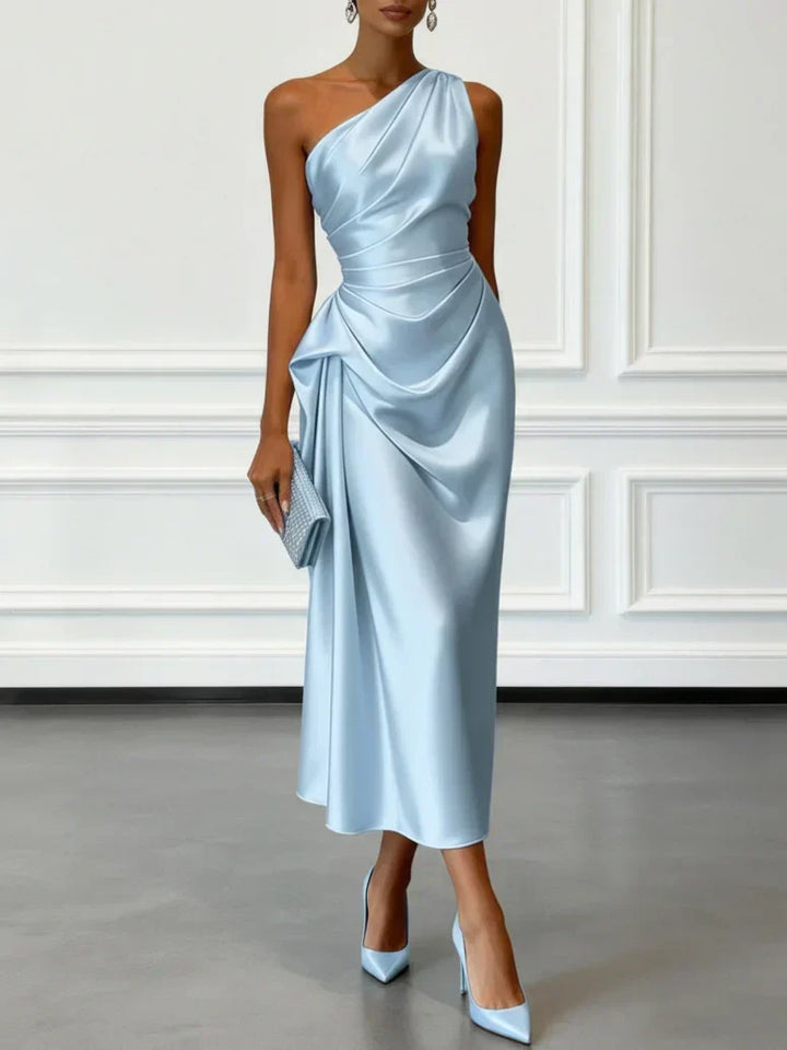Caille - Champagner Satin Ein-Schulter Ärmelloses Rüschendes Midi-Kleid