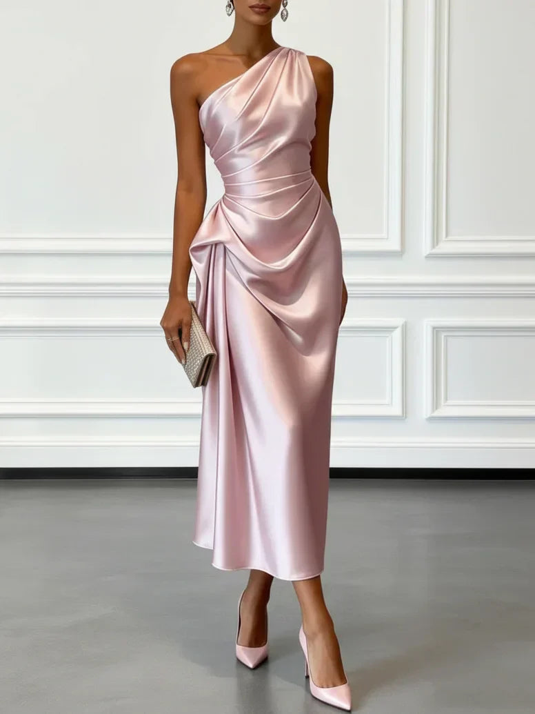 Caille - Champagner Satin Ein-Schulter Ärmelloses Rüschendes Midi-Kleid