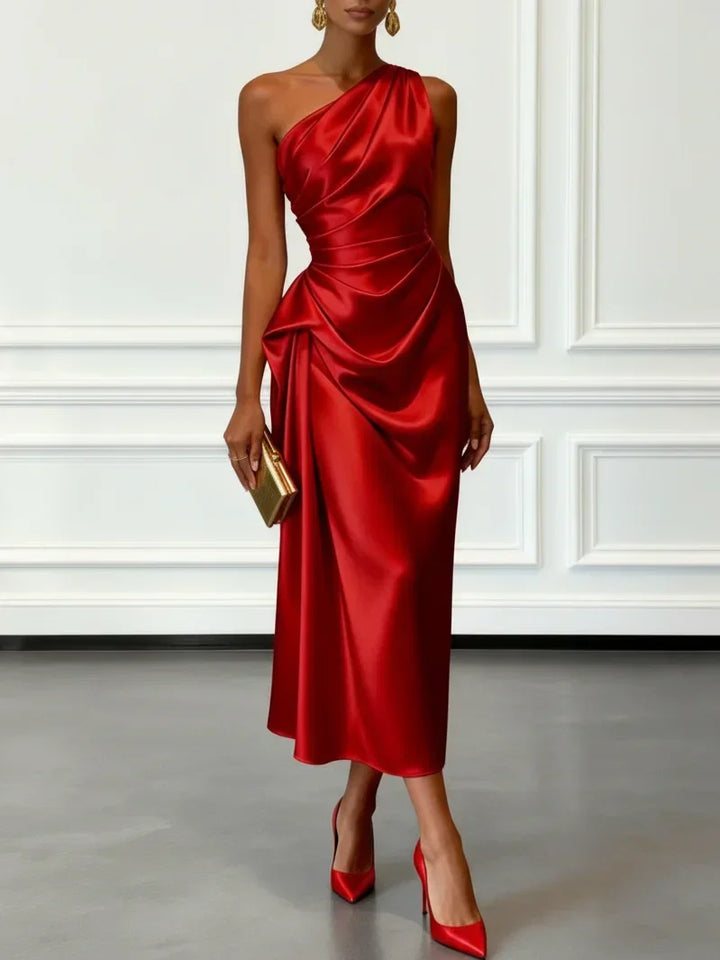 Caille - Champagner Satin Ein-Schulter Ärmelloses Rüschendes Midi-Kleid