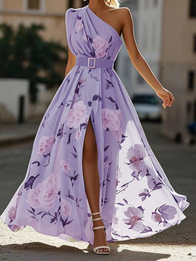 Sella - Robe maxi en mousseline de soie coupe trapèze à volants et une épaule