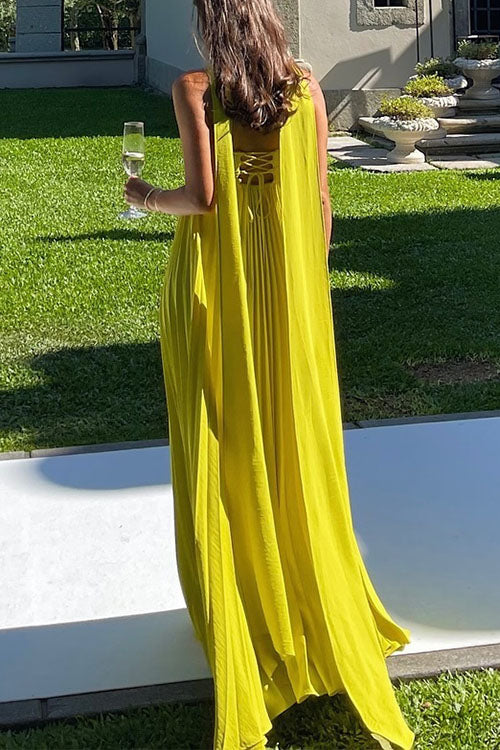 Katrina – Robe longue à épaules dénudées, lacets et jupe plissée