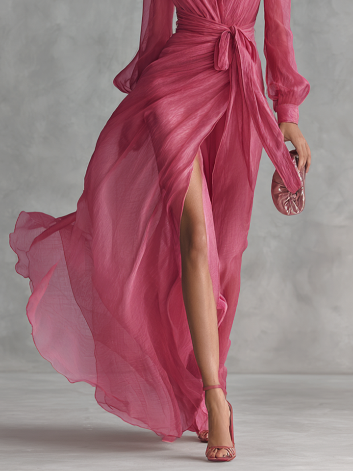 Rosen-Chiffonkleid mit V-Ausschnitt
