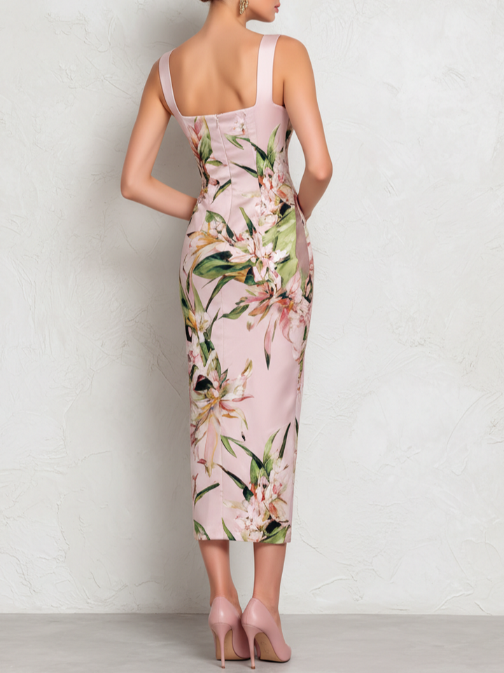 Amber - Pinke Blumensatin Midi-Kleid mit quadratischem Ausschnitt