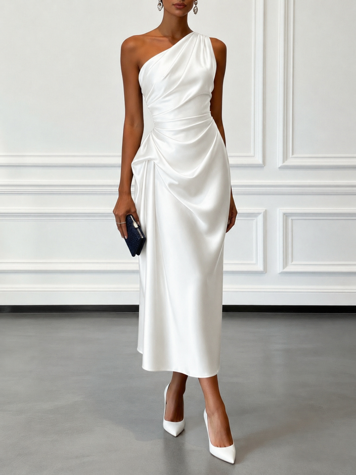 Caille - Champagner Satin Ein-Schulter Ärmelloses Rüschendes Midi-Kleid
