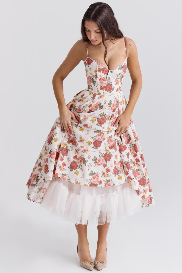 Luce - Satin Tüll Midi Kleid