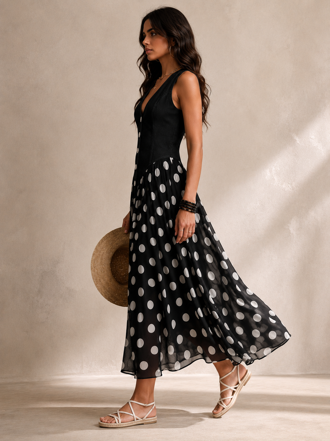 Beatrice | Schicke Jeanskleid mit Chiffonrock in Punkten