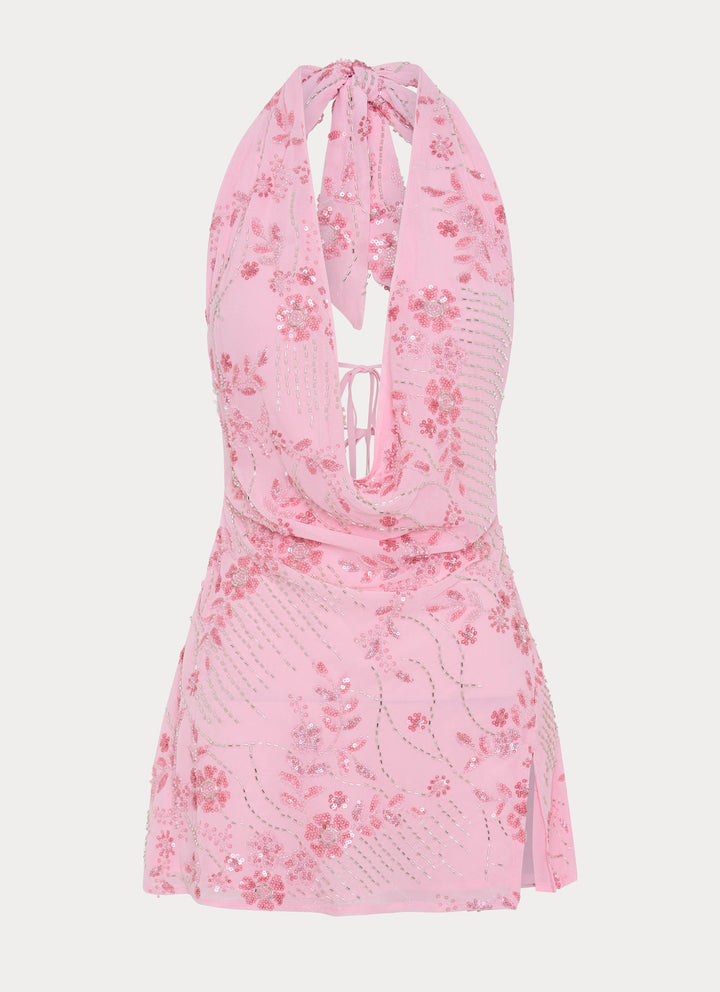 Cinzia - Robe courte rose ornée de perles