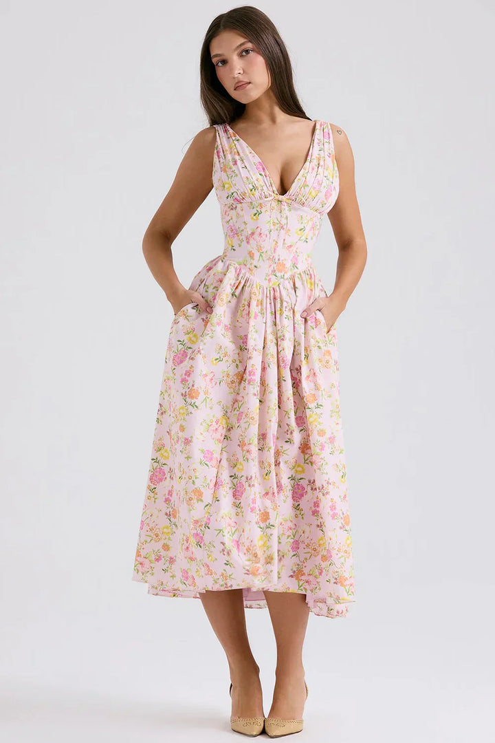 Ariana - V-Ausschnitt Korsett Flare Midi Kleid