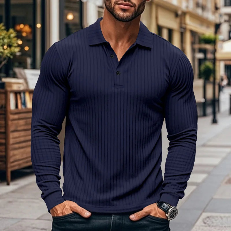 Geripptes Herren Langarm-Poloshirt mit Knopfleiste | Valcor Zürich