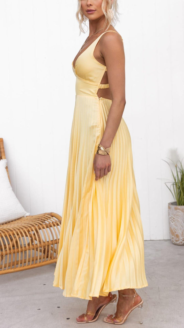 Robe longue plissée jaune Aby à col en V