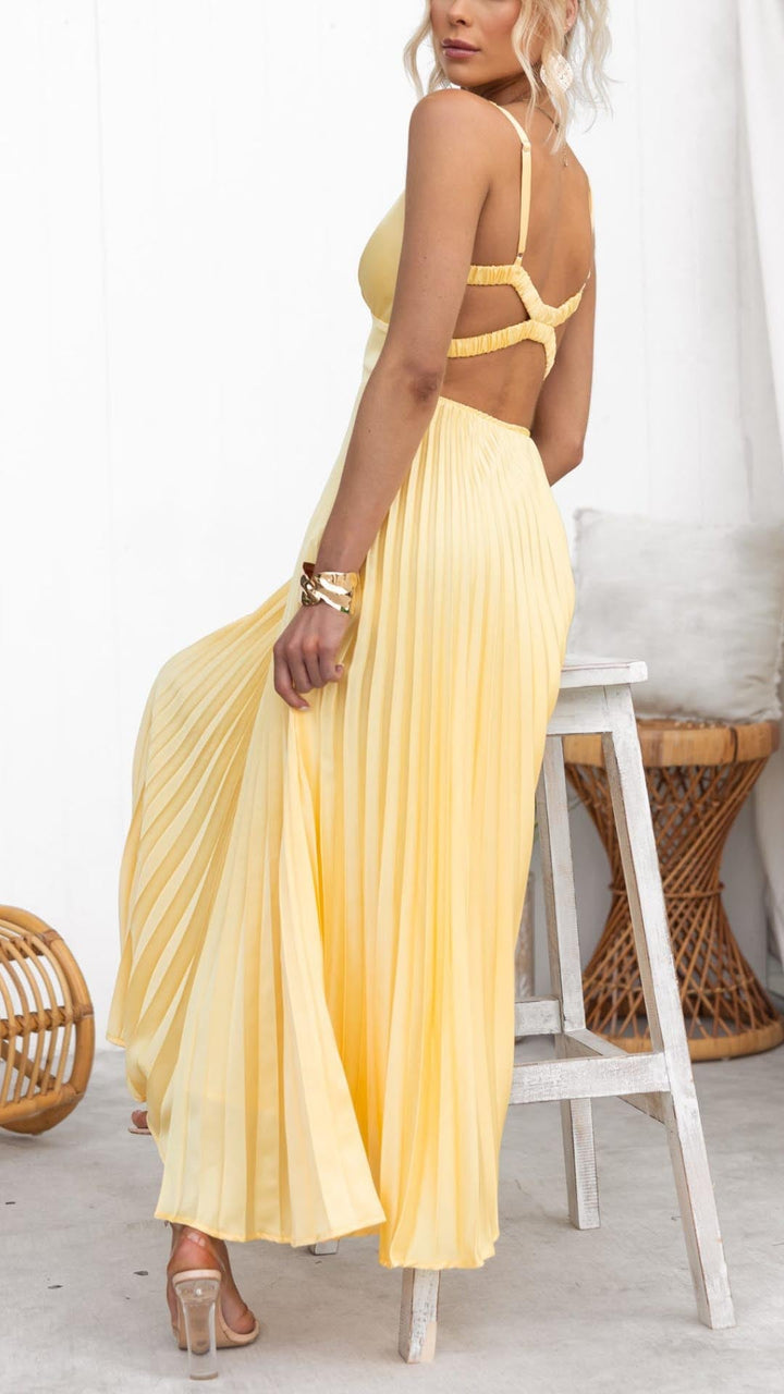 Robe longue plissée jaune Aby à col en V