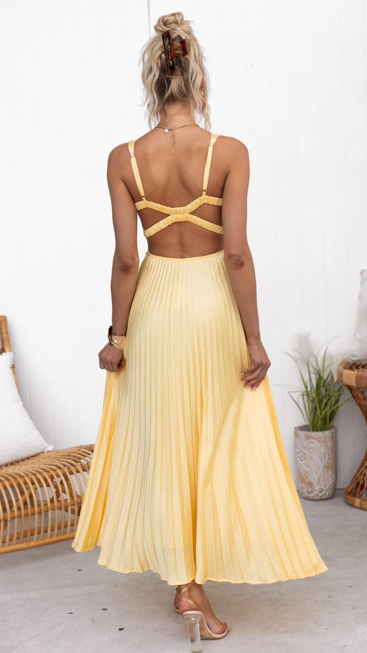 Robe longue plissée jaune Aby à col en V