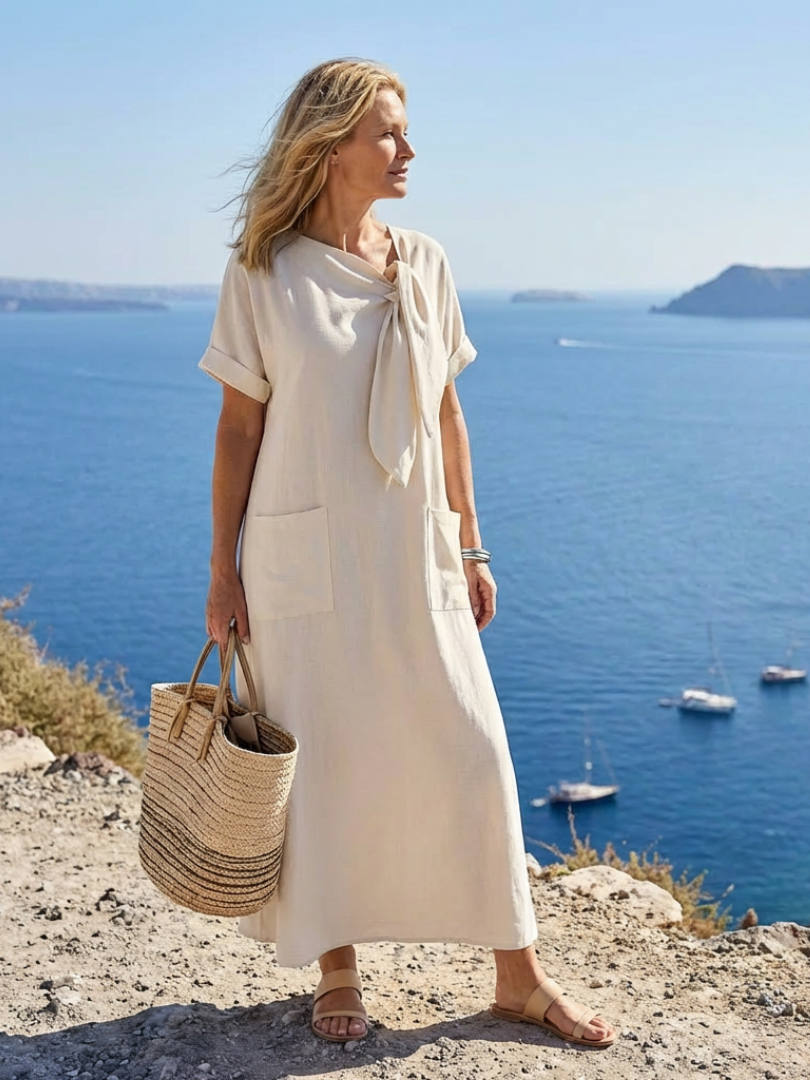 Elowyn | Robe longue maxi à col rond et manches courtes avec poches