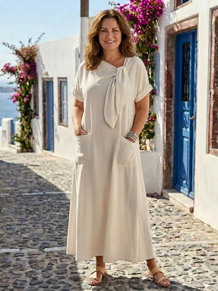 Elowyn | Robe longue maxi à col rond et manches courtes avec poches