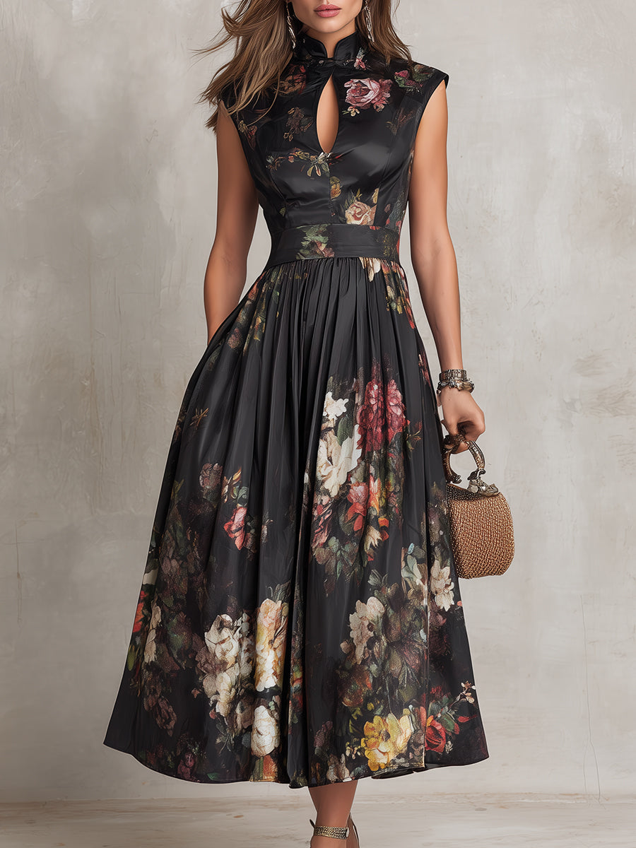 Rosie - Schwarzes Schlüssel-Ausschnitt-Kragen Blumen Falten Satin Midi Kleid