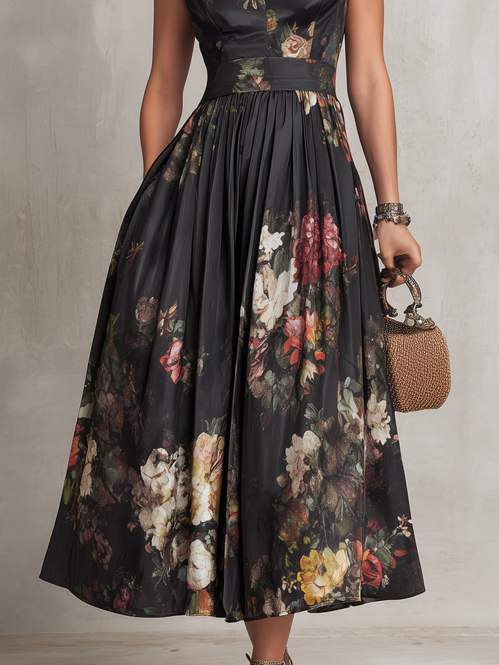 Rosie - Schwarzes Schlüssel-Ausschnitt-Kragen Blumen Falten Satin Midi Kleid