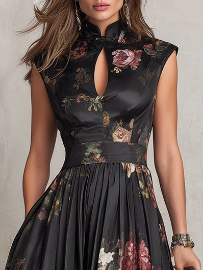 Rosie - Schwarzes Schlüssel-Ausschnitt-Kragen Blumen Falten Satin Midi Kleid
