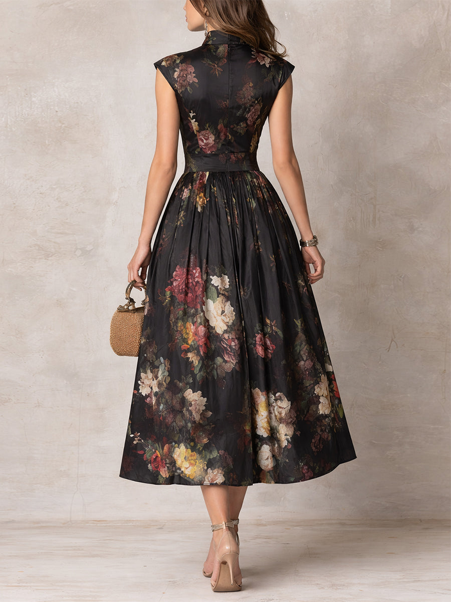Rosie - Schwarzes Schlüssel-Ausschnitt-Kragen Blumen Falten Satin Midi Kleid