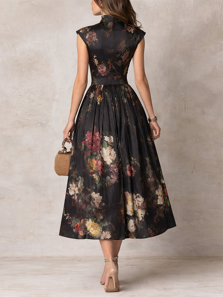 Rosie - Schwarzes Schlüssel-Ausschnitt-Kragen Blumen Falten Satin Midi Kleid