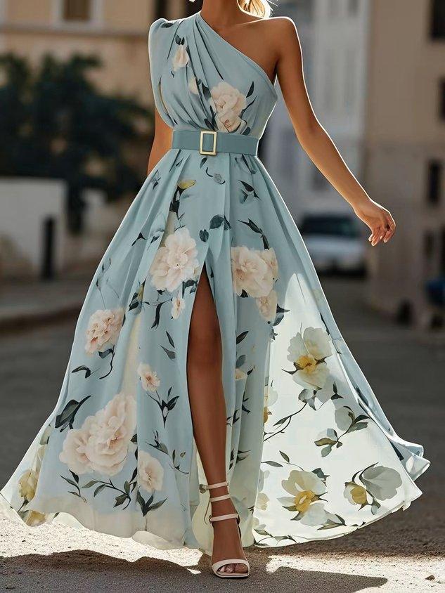 Sella - Robe maxi en mousseline de soie coupe trapèze à volants et une épaule