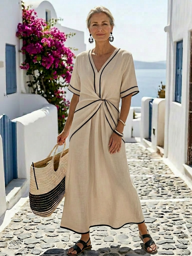 Linnea | V-Ausschnitt Kurzarm Gerafftes Taillen Midi-Kleid