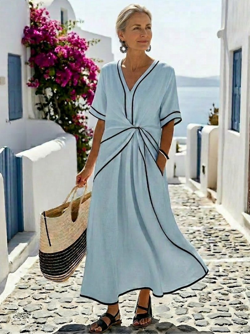 Linnea | V-Ausschnitt Kurzarm Gerafftes Taillen Midi-Kleid